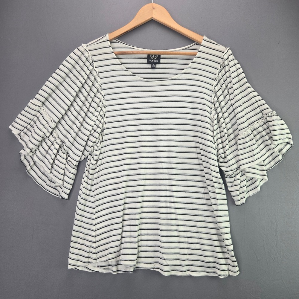 Bobeau Striped Top Ruffle Bell Sleeve Sz L White Black Knit Scoop Neck Casual